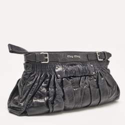 Miu Miu Dark Blue Leather Ruched Buckle Clutch