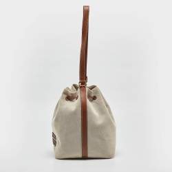 Miu Miu Brown/Natural Canvas Logo Drawstring Bucket Bag