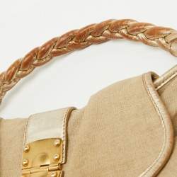 Miu Miu Beige/Gold Linen and Leather Coffer Satchel