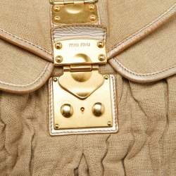 Miu Miu Beige/Gold Linen and Leather Coffer Satchel