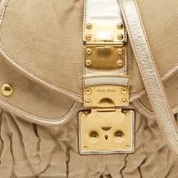 Miu Miu Beige/Gold Linen and Leather Coffer Satchel