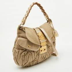 Miu Miu Beige/Gold Linen and Leather Coffer Satchel