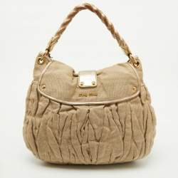 Miu Miu Beige/Gold Linen and Leather Coffer Satchel