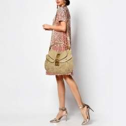 Miu Miu Beige/Gold Linen and Leather Coffer Satchel