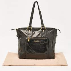 Miu Miu Black Glossy Leather Front Pocket Tote