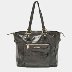 Miu Miu Black Glossy Leather Front Pocket Tote