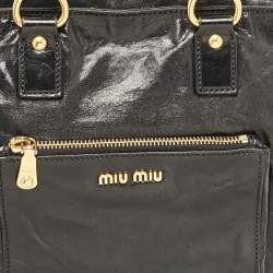 Miu Miu Black Glossy Leather Front Pocket Tote