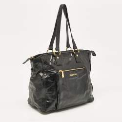 Miu Miu Black Glossy Leather Front Pocket Tote