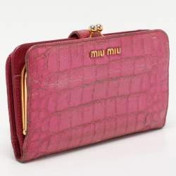 Miu Miu Pink Leather and Croc Embossed Patent Leather French Wallet