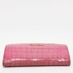 Miu Miu Pink Leather and Croc Embossed Patent Leather French Wallet