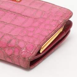 Miu Miu Pink Leather and Croc Embossed Patent Leather French Wallet