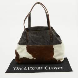 Pre Owned Miu Miu Brown Animal Print Calf Hair, Denim and Leather Tote