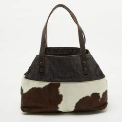 Pre Owned Miu Miu Brown Animal Print Calf Hair, Denim and Leather Tote