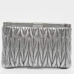 Pre Owned Miu Miu Silver Matelassé Leather Frame Clutch