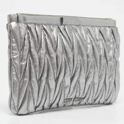 Pre Owned Miu Miu Silver Matelassé Leather Frame Clutch