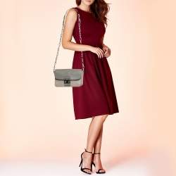 Pre Owned Miu Miu  Beige/Grey Madras Leather Pushlock Flap Chain Shoulder Bag