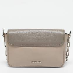 Pre Owned Miu Miu  Beige/Grey Madras Leather Pushlock Flap Chain Shoulder Bag