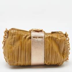 Miu Miu Beige/Metallic Pleated Patent Leather Shoulder Bag