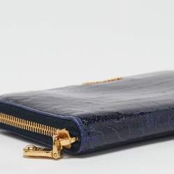 Miu Miu Navy Blue Croc Embossed Shine Leather Zip Continental Wallet