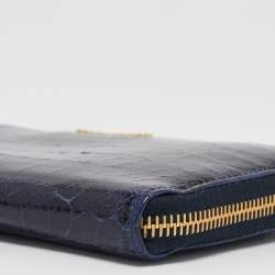 Miu Miu Navy Blue Croc Embossed Shine Leather Zip Continental Wallet