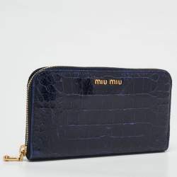 Miu Miu Navy Blue Croc Embossed Shine Leather Zip Continental Wallet