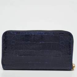 Miu Miu Navy Blue Croc Embossed Shine Leather Zip Continental Wallet
