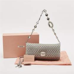 Miu Miu Grey Matelasse Leather Crystal Flap Shoulder Bag
