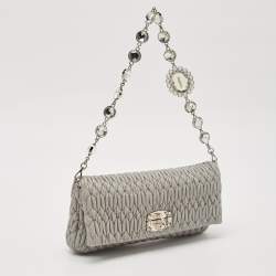 Miu Miu Grey Matelasse Leather Crystal Flap Shoulder Bag