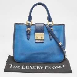 Miu Miu Two Tone Blue Madras Leather Pushlock Tote