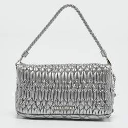Miu Miu Silver Matelasse Leather Crystal Flap Shoulder Bag