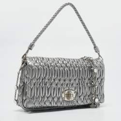 Miu Miu Silver Matelasse Leather Crystal Flap Shoulder Bag