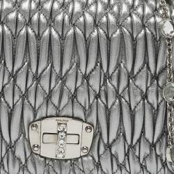 Miu Miu Silver Matelasse Leather Crystal Flap Shoulder Bag