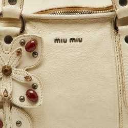 Miu Miu White Leather Vintage Jeweled Tote