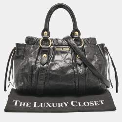 Miu Miu Black Vitello Lux Leather Ruched Tote 