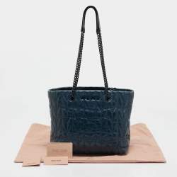 Pre Owned Miu Miu Blue Vitello Shine Matelassé Leather Chain Tote