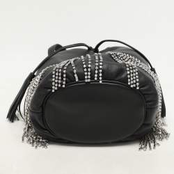 Miu Miu Black Leather Crystal Fringe Drawstring Bucket Bag