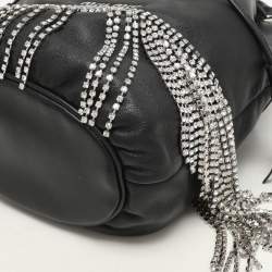 Miu Miu Black Leather Crystal Fringe Drawstring Bucket Bag