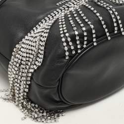 Miu Miu Black Leather Crystal Fringe Drawstring Bucket Bag