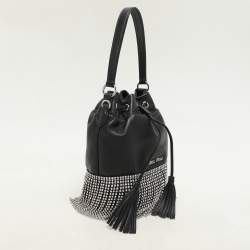Miu Miu Black Leather Crystal Fringe Drawstring Bucket Bag