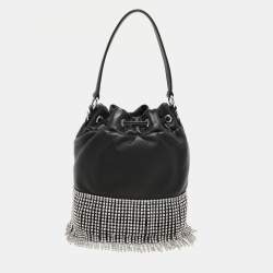 Miu Miu Black Leather Crystal Fringe Drawstring Bucket Bag