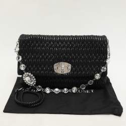 Pre Owned Miu Miu Black Matelassé Leather Crystals Chain Shoulder Bag