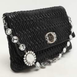 Pre Owned Miu Miu Black Matelassé Leather Crystals Chain Shoulder Bag