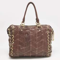 Miu Miu Brown Matelasse Leather Grommet Tote
