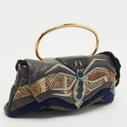 Miu Miu Dark Grey/Blue Leather, Suede and Python Spider Clutch Bag