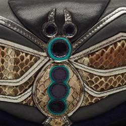 Miu Miu Dark Grey/Blue Leather, Suede and Python Spider Clutch Bag