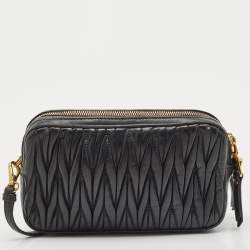 Pre Owned Miu Miu Black Matelassé Leather Double Zip Crossbody Bag