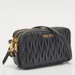 Pre Owned Miu Miu Black Matelassé Leather Double Zip Crossbody Bag