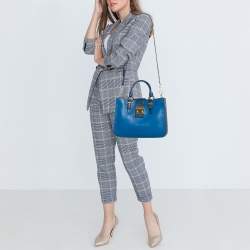 Miu Miu Two Tone Blue Madras Leather Pushlock Tote
