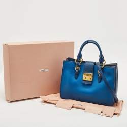 Miu Miu Two Tone Blue Madras Leather Pushlock Tote
