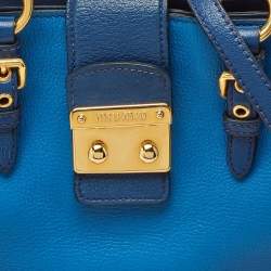 Miu Miu Two Tone Blue Madras Leather Pushlock Tote